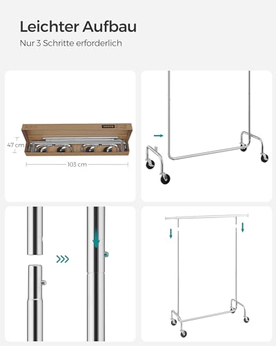 SONGMICS Kleiderständer auf Rollen, Garderobenständer, hochbelastbar, ausziehbare Kleiderstange, bis 130 kg belastbar, 45 x (110-150) x 162,9 cm, aus Metall, verchromt, silbern HSR11S