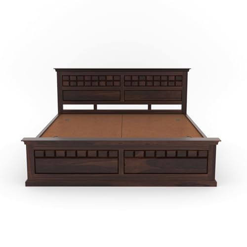 Image of Sheesham Wood King Size Bed with Storage Box | Wooden Box Bed King Size Double Cot Bed with Storage for Bedroom | Chocolate Dalla Design Headboard Bed for Hotel, Home | Walnut Finish