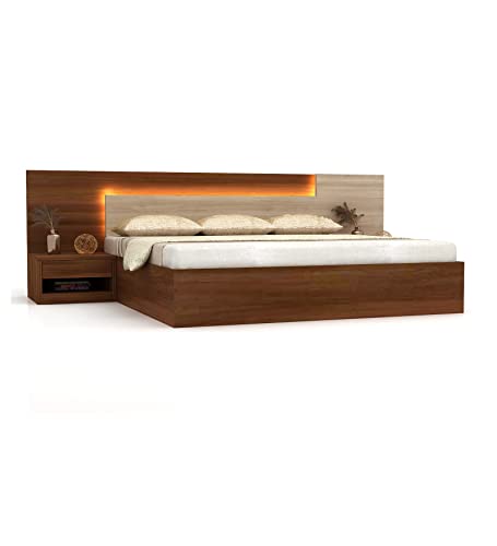 Image of King Size Engineered Wood Bed with Storage, LED Headboard & Side Tables | Modern Wooden Double Bed Cot for Bedroom | Heavy Duty Platform Bed Frame | Walnut Brown |Free Assembly