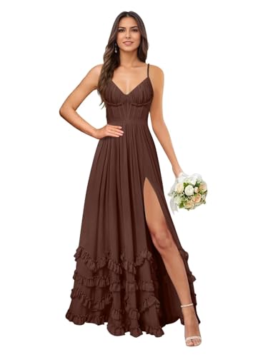 Tiered Chiffon Bridesmaid Dresses for Women A Line Spaghetti Straps Corset Formal Evening Party Gown with Slit