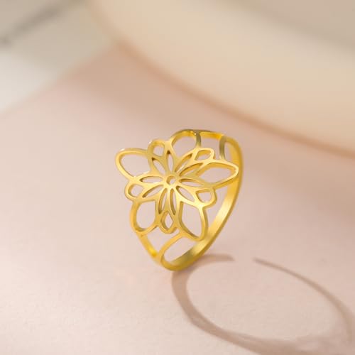 TEAMER Bohemian Flower Of Life Ring Stainless Steel Elegant Filigree Flower Ring Wedding Band Ring Exquisite Jewelry For Women4