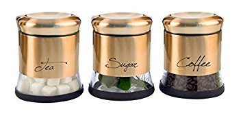 Home Fashions Elegant Tea, Coffee and Sugar Stainless Steel Glass Storage Canisters Set of 3 with Airtight Lids, Flat Lid, Bronze