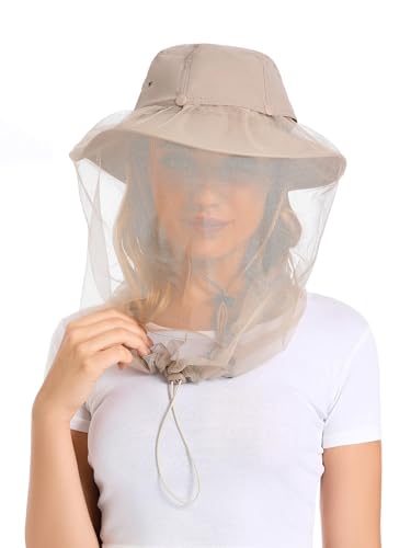 Mosquito Head Net Hat - Bug Cap UPF 50+ Sun Protection with Hidden Netting for Beekeeping Hiking Women Khaki