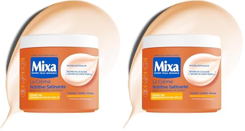MIXA - Crème Hydratante Anti-Grisaille - Nourrit Intensément 48H & Ravive l’Éclat - Beurre de Cacao Pur & Karité - Peaux Très Sèches, Mates à Foncées - 400ml (Lot de 2)