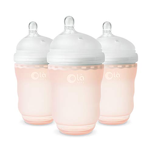 Image of Olababy Gentle Silicone Baby Bottle, Anti-Colic, BPA Free, Easy to Clean and Wide Neck Baby Bottles Best for Breast Feeding Babies 3 Piece Set (8 Ounce, Coral)