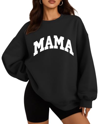 DOOLECK Oversized Sweatshrit for Women Ribbed Hem Cuffs MAMA Sweatshirts