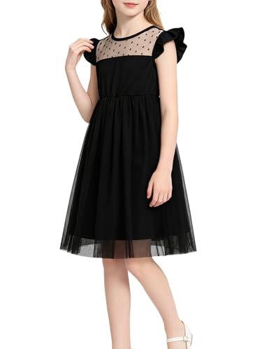 Glorycat Flower Girls Dress Black Wedding Guest Dress Summer Ruffled Sleeves Fluffy A-Line for Funeral Casual Party Special Occasions Toddler 9-10Y