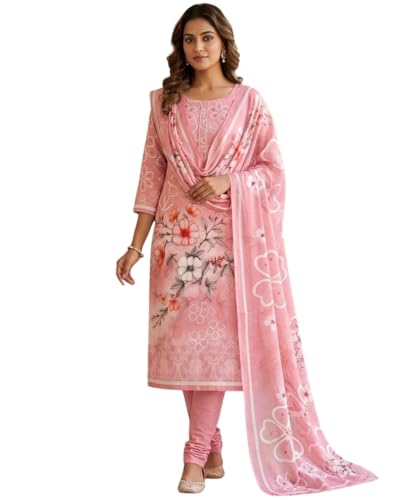 Image of KTI Women Cotton Unstitched Salwar Suit Material with Dupatta Geometric & Floral Printed Dress Material for Daily Wear Casual & Office Wear