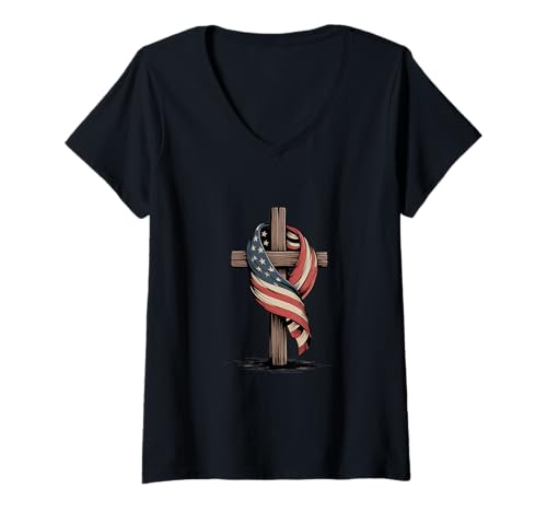 Mujer Cortina de Bandera Americana en Cruz de Madera Religiosa Camiseta Cuello V