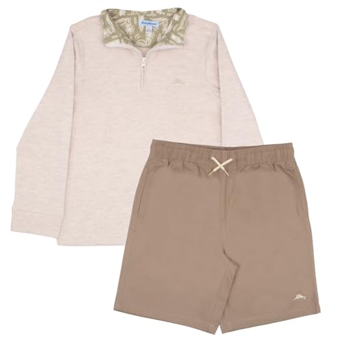 Tommy Bahama Boys Pullover Quarter-Zip Long-Sleeved Sweater & Shorts Set, Casual 2-Piece Back to School Outfit for Kids (Cream/Brown, Size 4)