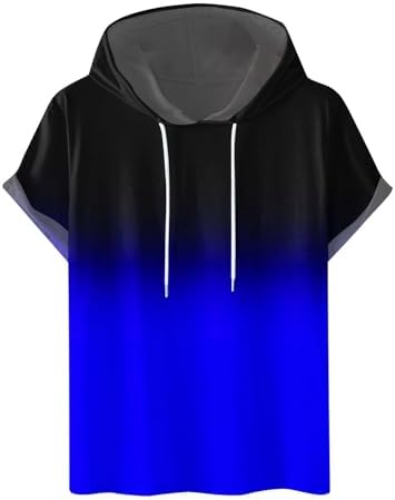 Mens Workout Shirts Loose Fit Short Sleeve Hoodies Casual Stylish Drawstring Gradient Color Loose Pullover Shirts