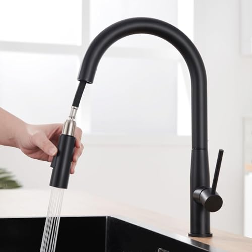 Auralum Rubinetto Lavello Cucina Nero, Miscelatore Cucina con Doccetta Estraibile