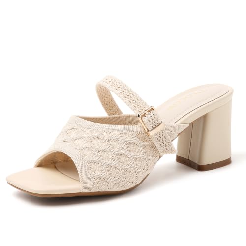 Image of Tilocow Knit Heeled Sandals for Women Square Open Toe Heeled Mules Chunky Block Low Heel Slip On Slides
