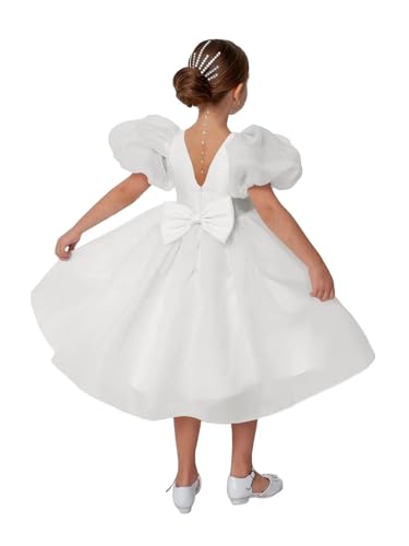 Tulle Flower Girl Dress for Wedding Kids Puff Sleeves Satin Long Pageant Princess Dresses Bowknot Prom Ball Gowns