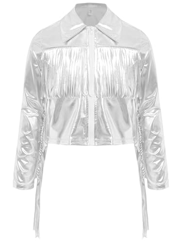 JEATHA Kids Girls Shiny Metallic Jacket Tassels Fringe Long Sleeve Zipper Coat for Hip Hop Jazz Dance Party2