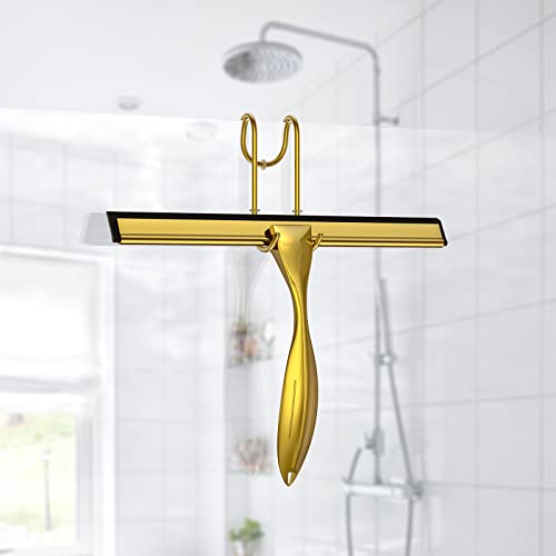 Image of Shower Squeegee Set, 10-Inch Stainless Steel Squeegee for Bathroom, Shower Doors, Mirrors, Tiles, Car Windows - 100% Streak Free, Includes Shower Door Hook, Adhesive Hook and Spare Silicone Blade