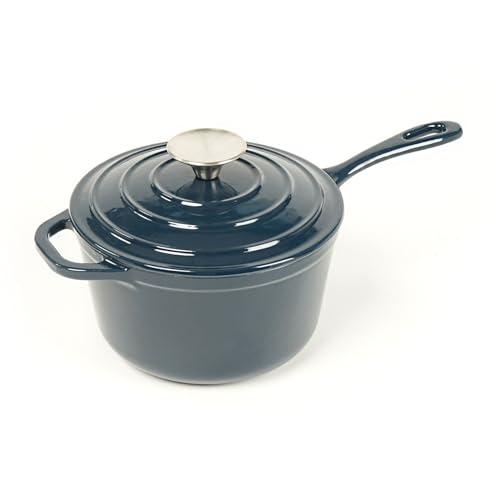HAWOK Enameled Cast Iron Saucepan, 2QT Saucepan with Lid and Long Handle, Dia. 7inch/Dia.18CM, Navy blue