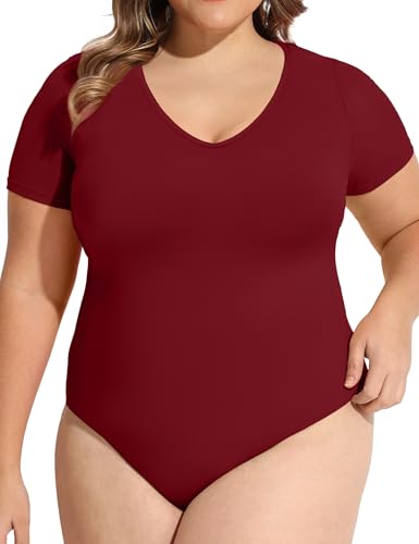 Image of COOTRY Plus Size Short Sleeve Bodysuits for Women V Neck Body Suit Tops Basic One Piece Bodysuit T Shirt