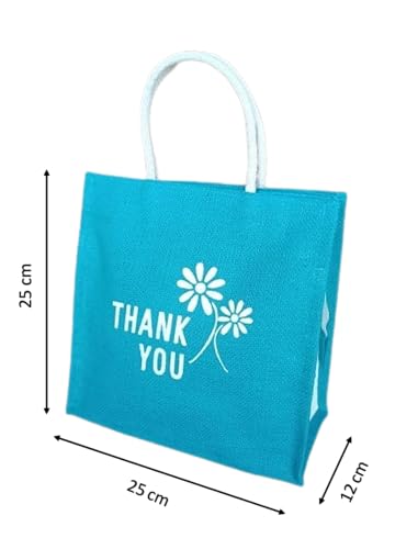 Image of Soman Jute Ecofriendly Return Gift Bags Thank You Printed with Zip Blue Pack of 10 Bags