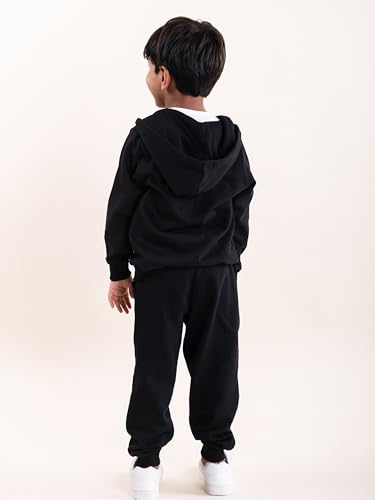 Image of Boys Solid Fleece Full Sleeve Zip Front Open Hooded Sweatshirt With Track Pant Set