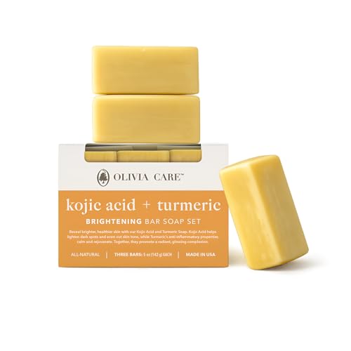Olivia Care Kojic Acid & Turmeric Bar Soap Brightening Facial & Body Cleanser Helps Improve the Appearance of Uneven Skin Tone Natural-Inspired Ingredients 5 oz Bars 3-Pack
