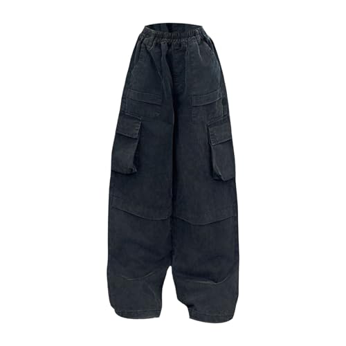 Kids Girls' Casual Cargo Pants High Waist Solid Wide Leg Baggy Jeans Children Retro Denim Ripped Pants Loose Trousers4
