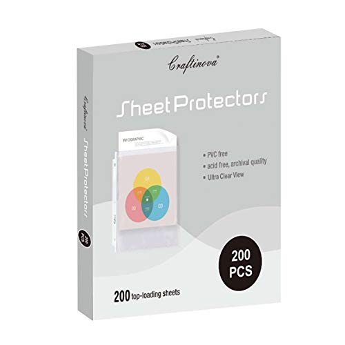 Craftinova 200 Sheet Protectors, 3 Hole Lightweight Binder Sleeves, Designed to Protect Frequently Used 8.5 x 11 Papers, Acid Free, Clear Plastic Design, 9.25 x 11.25 Top Loaded
