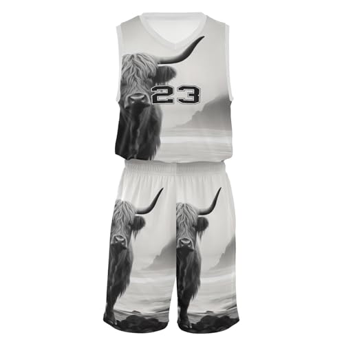 FLildon Highland Cow Boys Basketball Jersey Set Tank Top Shorts Tracksuit Sport Training Suit for Kids, S