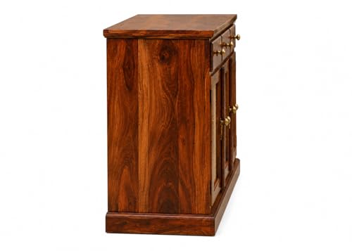 Image of Solid Sheesham Wood Sideboard Cabinet for Living Room | Storage Cabinet with 3 Doors & 4 Drawers | Wooden Buffet Cabinet | Cane Cabinet | Console Cabinet | Home Furniture Dark Honey Finish