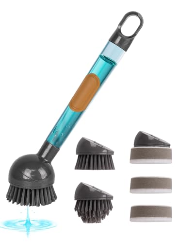 Soap Dispensing Dish Brush Storage Set with 360° Rotating Head, Kitchen Brush with 2 PCS Different Brush Heads & 3 PCS Sponges, Dish Brush Set with Handle for Dishes, Sink, Pans, Pots.