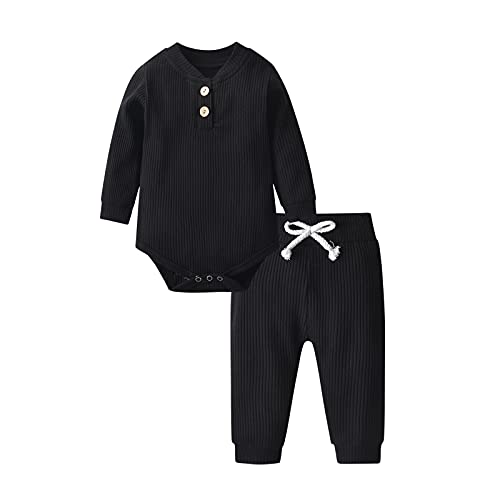 Image of Derouetkia Newborn Baby Boy Girl Clothes Ribbed Cotton Long Sleeve Romper and Pants Outfits Set