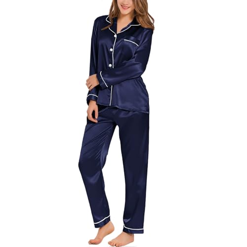 La Mejor Lista de Pijamas de Moda comprados en linea. 45 UIV@SH Conjunto de Pijama de Manga Larga para Mujer,Pijama de Satén para Mujer,Ropa de Casa de Dos Piezas con Botones (MX/US, Alfa, Chico, Regular, Regular, Azul Marino)