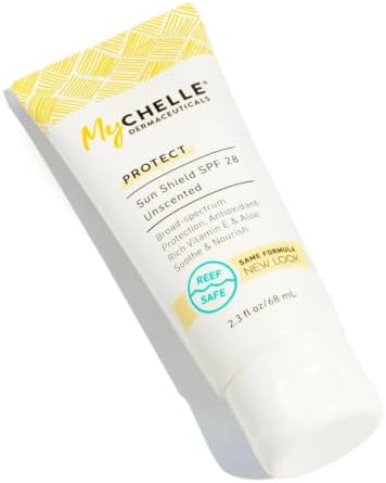 MyCHELLE Dermaceuticals Sun Shield SPF 28 Unscented (2.3 Fl Oz) - Soothing Reef Safe Sunscreen with Vitamin E and Aloe - TSA Approved. Liquid Zinc Sunscreen for Face and Body