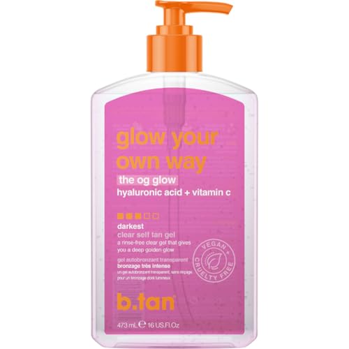 b.tan Dark Clear Self Tan Gel | Glow Your Own Way - Best Transfer Resistant Ultra Quick Bronze Gradual Sunless Tanning Lotion Deep Moisturizer No Fake Tanner Smell 16 Fl Oz