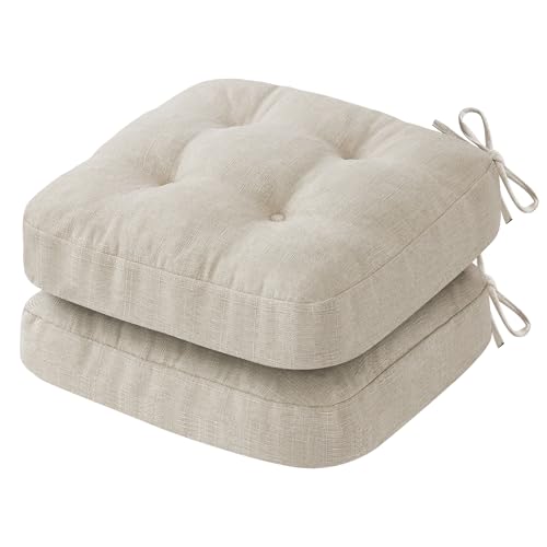 IASEAHK Chair Cushions for Dining Chairs, Dining Chair Cushions, Tufted Indoor Chair Pads with Ties & Non Slip Backing, Seat Cushions for Kitchen Chairs 16.5” x 16.5” x 3.5”, Set of 2, Beige