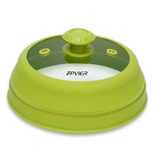 Image of Microwave Splatter cover, Glass Microwave Cover for Food, Guard Lid with Collapsible Silicone for 6-8 inch Plates & Bowls, Dishwasher Safe, Heat Resistant, BPA-Free, 9 inch Green