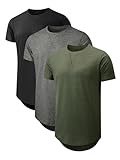 Comdecevis 3 Pack Cotton Crewneck Casual T-Shirts for Men Hipster Hip Hop Longline Tee Shirts, XL, Black/Grey/Green