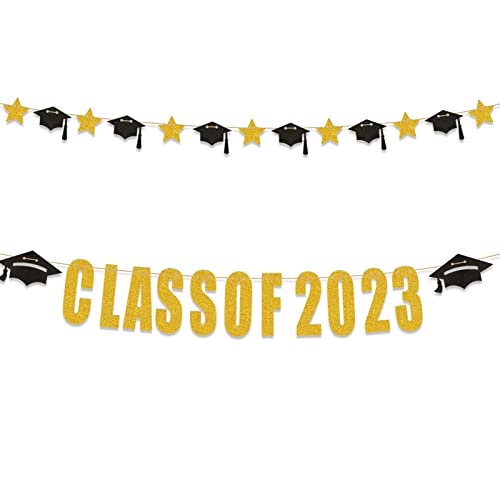 HSDSH 2 Piezas Banner Graduación Decoración de Fiesta Graduación Guirnalda Class of 2023 Pancartas de Graduación para Decoración de Fiesta de Graduación Negro & Oro Cover