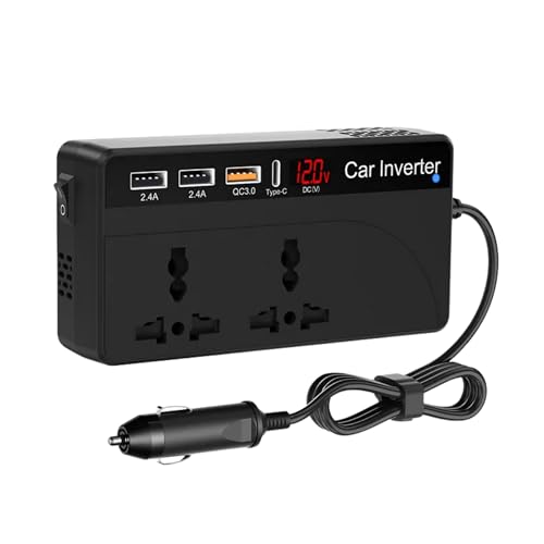 Image of 200W Car Power Inverter | 12V DC to 220V AC Converter for Cars | 2 AC Outlets, USB & Type-C PD Fast Charging | QC 3.0 | LED Display | Portable Adapter for Travel, Laptop, Phone