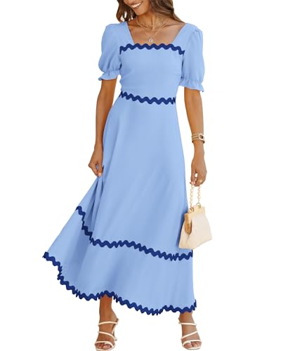 Image of BTFBM Women 2025 Summer Square Neck Short Puff Sleeve Dress Casual RIic Rac Tie Back Smocked Wedding Guest Maxi Dresses