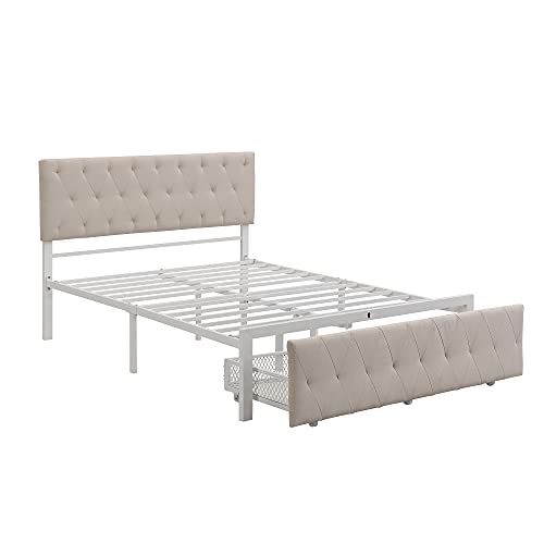 Meritline Full Size Metal Bed, Platform Bed Frame With Upholstered Headboard And Footboard, Metal Platform Bed With Drawer Storage No Box Spring Needed (Full Size, Beige) #TOP4