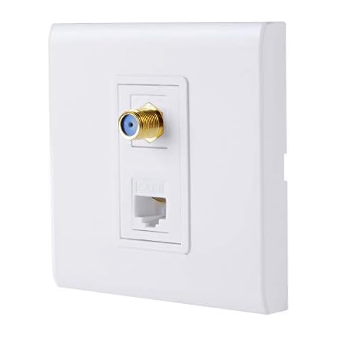 F Type Coaxial Connector Ethernet Network Faceplate Wall Plate Dual 2 Port Combo - Video Coax F Connector with Cat5e Cat6 RJ45 Jack Socket Wiring Plug Decorative Cover Outlet Mount Panel Cover