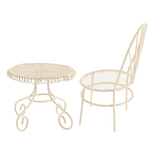 Toddmomy Ensemble 2 Pièces Miniatures en Fer Blanc Crème pour Maison de Poupée – Table de Bistrot et Chaises Vintage – Meubles Décoratifs pour Salon de Thé et Jardin Féerique – Accessoires