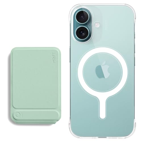 MOFT Phone Tripod Stand, MagSafe Wallet Tripod Stand, NFC-Supported Wallet Peppermint & Invisible Clear MagSafe Phone Case iPhone 16 Plus