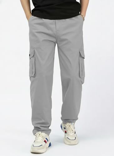 Image of Men's Cotton Cargo Pant | 5 Pocket Style Drawstring Elastic Waist Relaxed Fit Straight Leg, Breathable Durable Work Hiking Casual Trousers in Grey Silver Beige Black Sizes 30 to 42