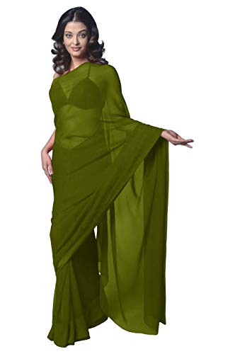 themilestocks Women's Bollywood Chiffon Plain Sari Festival Uniform Saree Wrap Fabric Unstitched Blouse Piece Party Wear (Olive Green),One Size