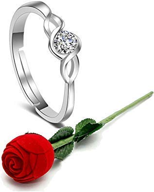 I Jewels Valentines Special Silver Plated CZ American Diamond Adjustable Brass Finger Ring with Red Rose Box for Women & Girls (S001-FL127-62)