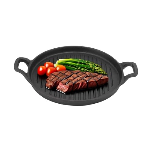 Tissting Koreanische Grillpfanne Runde Antihaft Grillplatte, Outdoor Camping BBQ Grill Pfanne mit Griff, Schwarz Gusseisen Teppanyaki Bratpfanne für Elektroherde, Gaskocher(24cm)