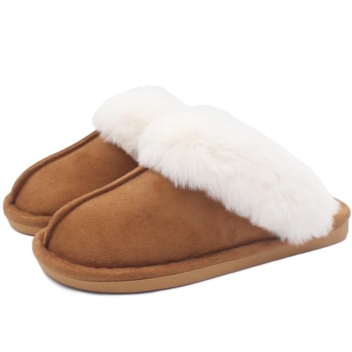 SUSHAN Kids Slippers Girls Boys Memory Foam Soft Plush Warm House Shoes Anti-Slip Fluffy Fur Indoor/Outdoor Slippers Khaki 34-35