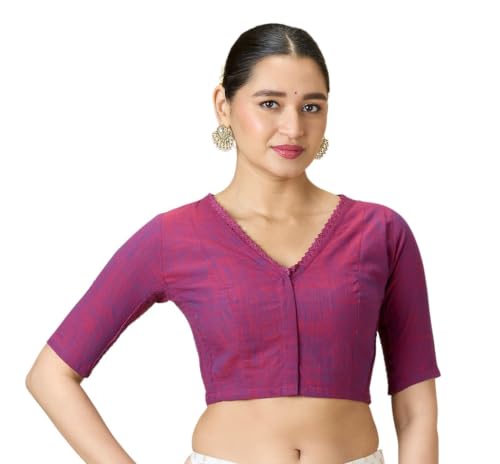 Image of Studio Shringaar Women's Handloom Cotton Side Stretchable (Smocked) Readymade Saree Blouse with Crochet Neckline